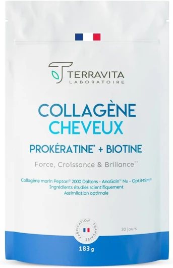 COLLAGÈNE Cheveux - Biotine + Collagène Marin Peptan + MSM + Pro Kératine + Silicium - Efficacité Prouvée sur Pousse, Fortification et Action Anti-Chute - 30 Jours de Cure - Poudre Neutre - Terravita