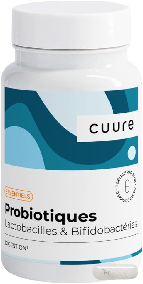 Probiotique Flore Intestinale - CUURE - 60 jours - Lactobacillus Plantarum & Bifidobacterium - Brevet Gélule Gastro-Résistante - Fabriqué en Europe Sans saveur 60 unité (Lot de 1)