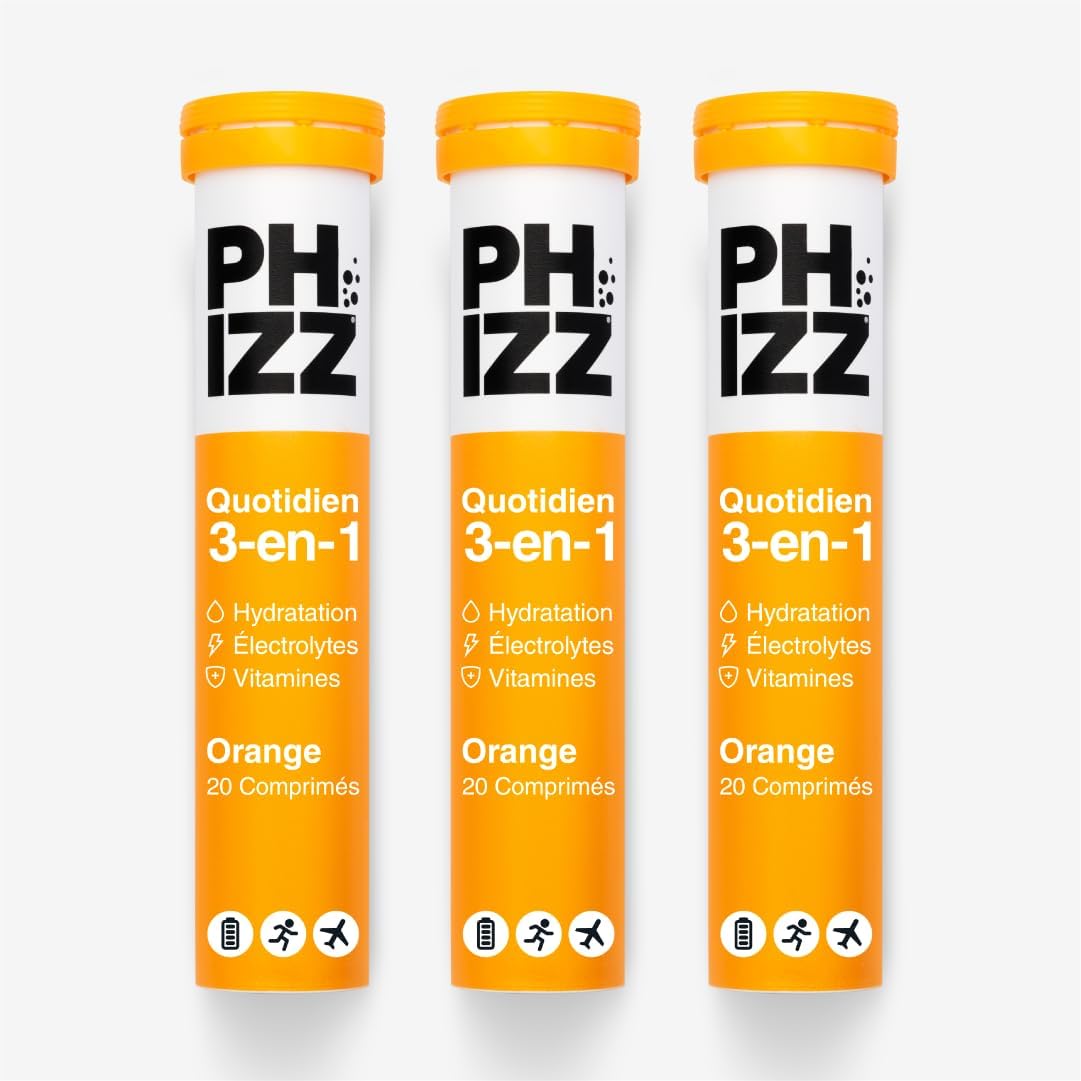 Electrolytes Phizz, Multivitamines & Comprimés d'hydratation - 20 comprimés de réhydratation effervescents - 18 vitamines et minéraux, vitamine C et hypocalorique (60 Comprimés, Orange)