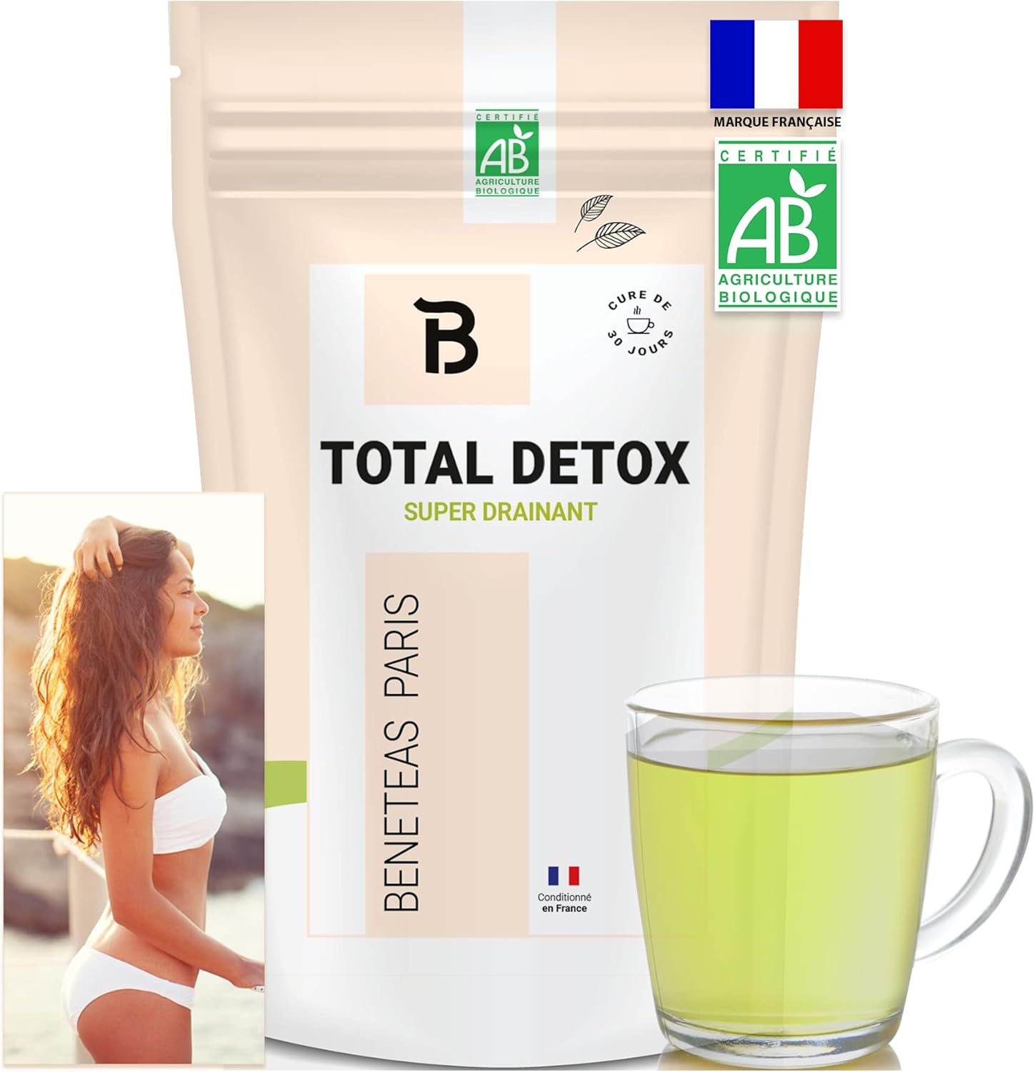 TOTAL DETOX – Thé Detox Minceur bio - Tisane Détox – The vert drainant ventre plat au Matcha slim – Infusion cure 30J – BIO 100 g (Lot de 1)