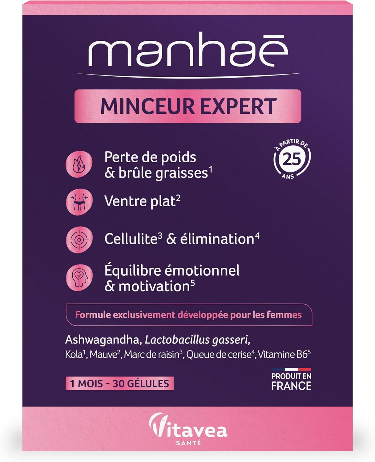 Manhaé - Minceur Expert - Complément Alimentaire Minceur - Perte de Poids, Brûle Graisse, Ventre Plat, Eliminination, Cellulite - Lactobacillus Gasseri, Queue de Cerise - Programme 1 Mois - 30 Gélules Manhaé Minceur Expert Gélules