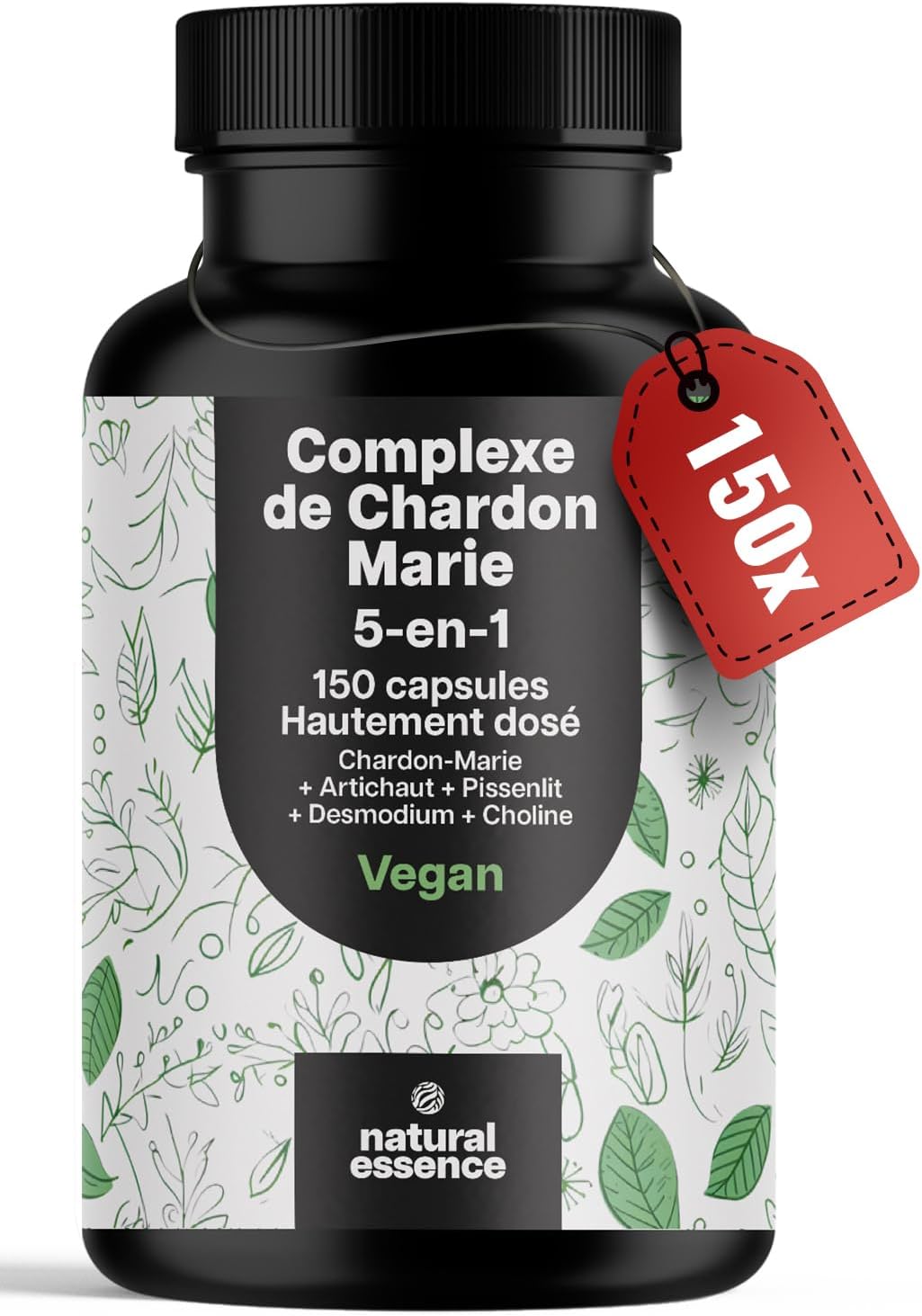 Detox Foie 5-en-1 – 150 Capsules – Chardon-Marie, Artichaut, Pissenlit, Desmodium, Choline – Vegan – Fabriqué en Allemagne sans saveur