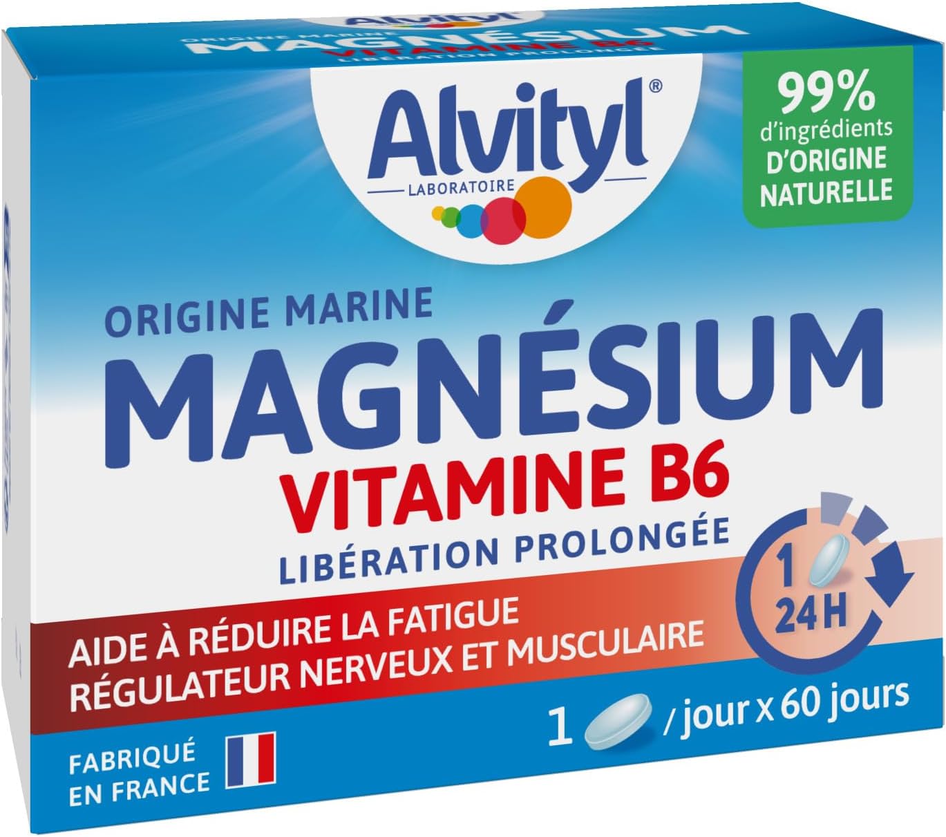 Magnésium 300mg + Vitamine B6 - Libération Prolongée - Diffusion lente et progressive - Magnésium d'origine Marine - Stress, Fatigue, Irritabilité - Fabriqué en France - Comprimés 60 jours