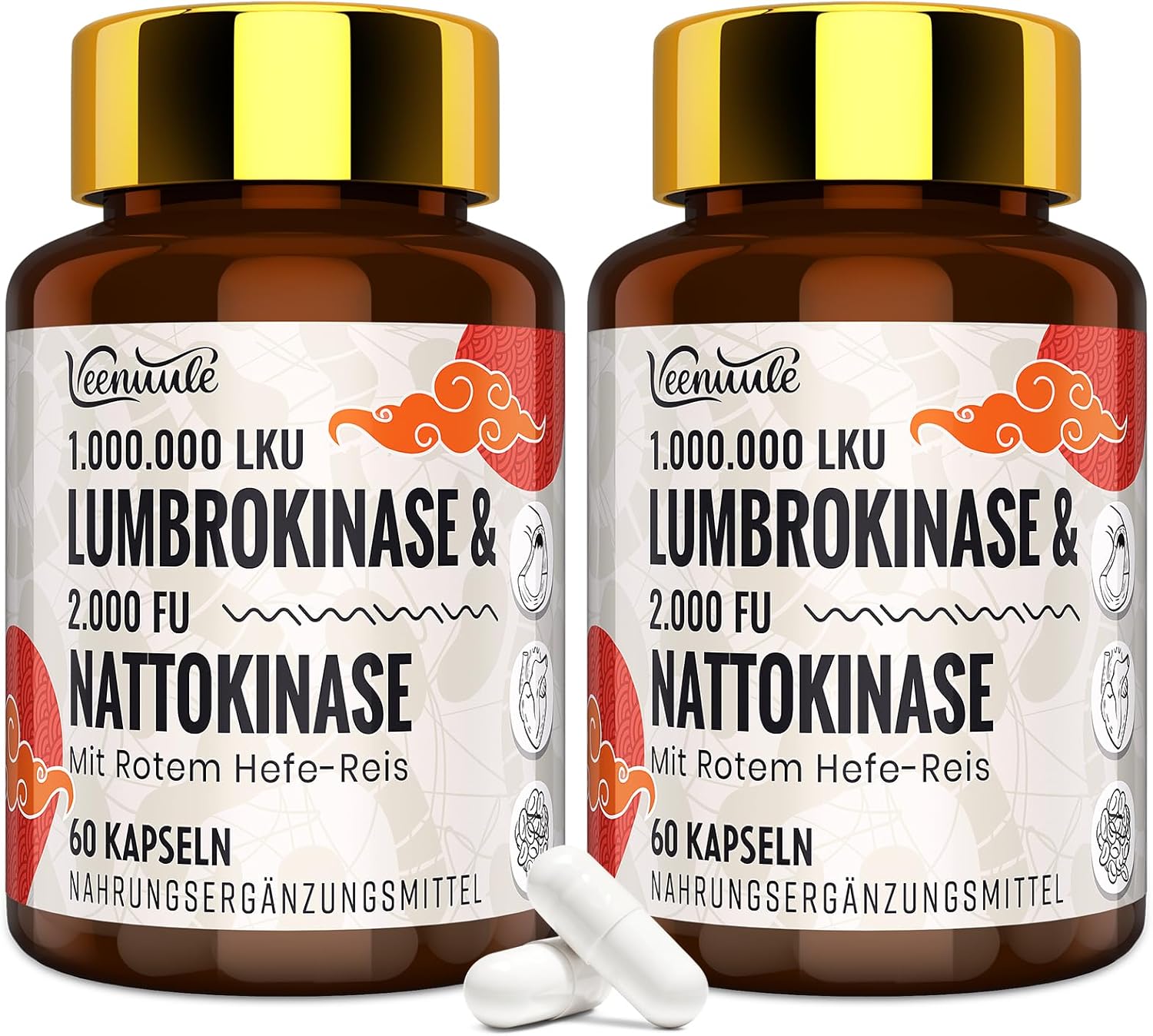 Lumbrokinase 100 mg Par Portion (Activité Maximale - 1 000 000 LKU), Supplément de Lumbrokinase avec 100 mg de Nattokinase (2 000 FU), Sans OGM, Sans Gluten, 120 Gélules 60 unité (Lot de 2)