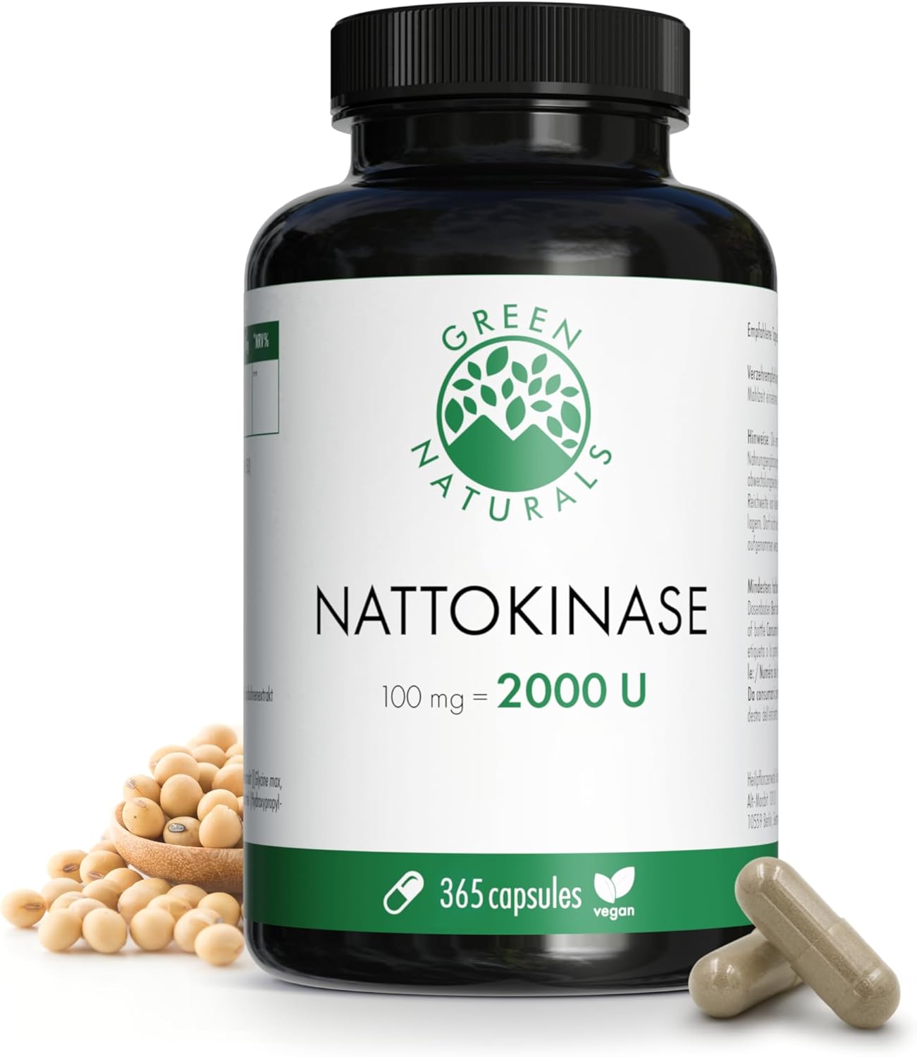 Nattokinase 20.000 FU/g - 100 mg par gélule - 1 an de stock (365 gélules) - Extrait de soja fermenté - Green Naturals®