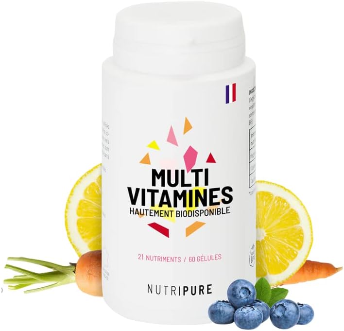 Multivitamines et Minéraux 21 Nutriments - Complément Alimentaire - Magnesium, Vitamine B12, Vitamine D, Zinc - Antioxydant, Cognitif, Vision - 60 gélules - 1 mois - Fabriqué en France 60 unité (Lot de 1)