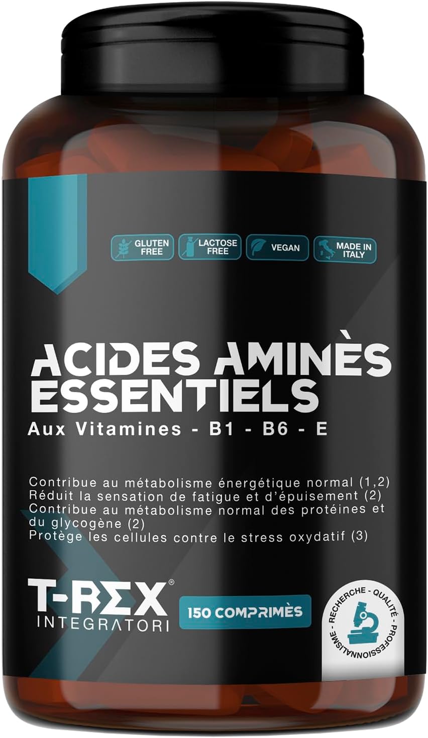 EAA Essential Amino Acids - avec mélange de vitamines B1, B6 et E - Supplément Végétalien d'Acides Aminés Essentiel Naturels Obtenus par Fermentation - T-Rex Integratori (150 Comprimés)