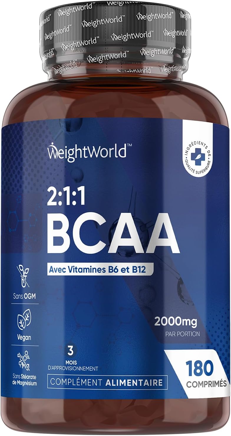 BCAA 2000 mg avec Vitamine B6 & B12 – Acides aminés Essentiels 2:1:1 – L-Leucine, L-Isoleucine, L-Valine, 180 Comprimés Végans - Alternative à la Whey Protéine, sans Arôme, sans Sucre, ni Aspartame