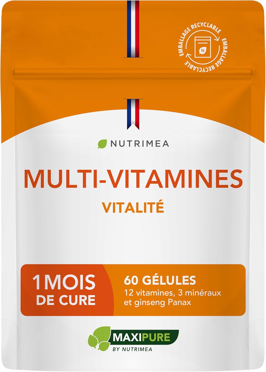 Multivitamines et Minéraux – Avec Ginseng - Vitamines A, B1, B2, B3, B5, B6, B8, B9, B12, C, D3, E, Magnésium, Sélénium et Zinc - Energie, Vitalité, Immunité - Fabrication Française - Nutrimea