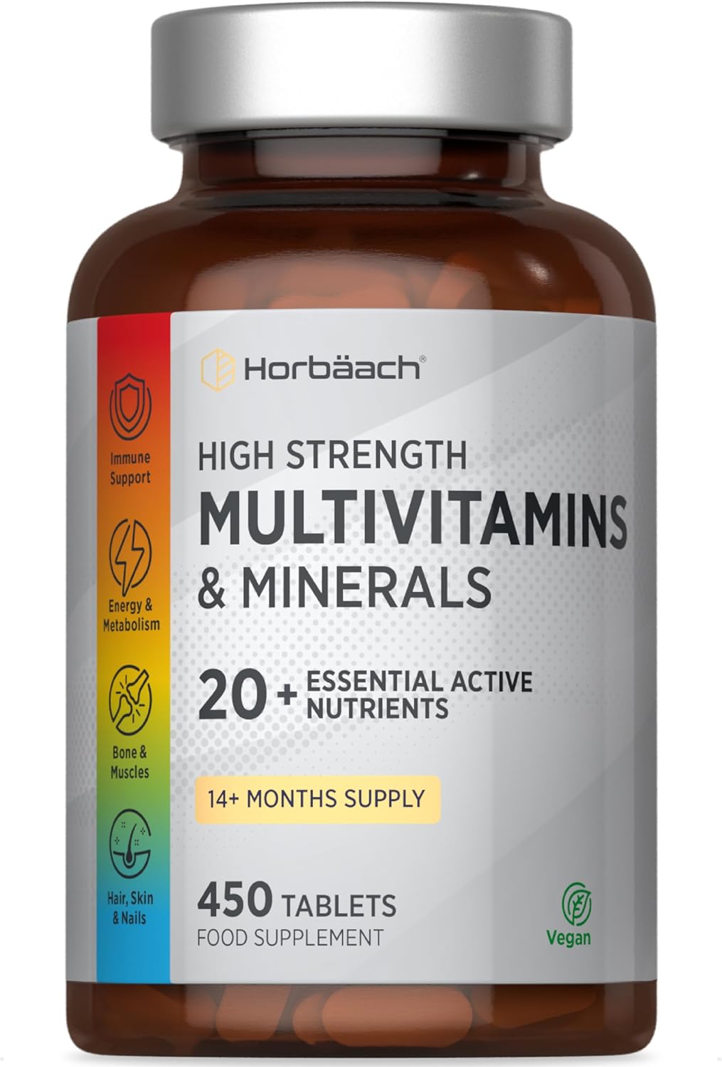 Multivitamines et Minéraux pour Homme y Femme - 450 Comprimés - avec 20 Ingrédients Essentiels - Multivitamin Complex Tablets - Horbaach