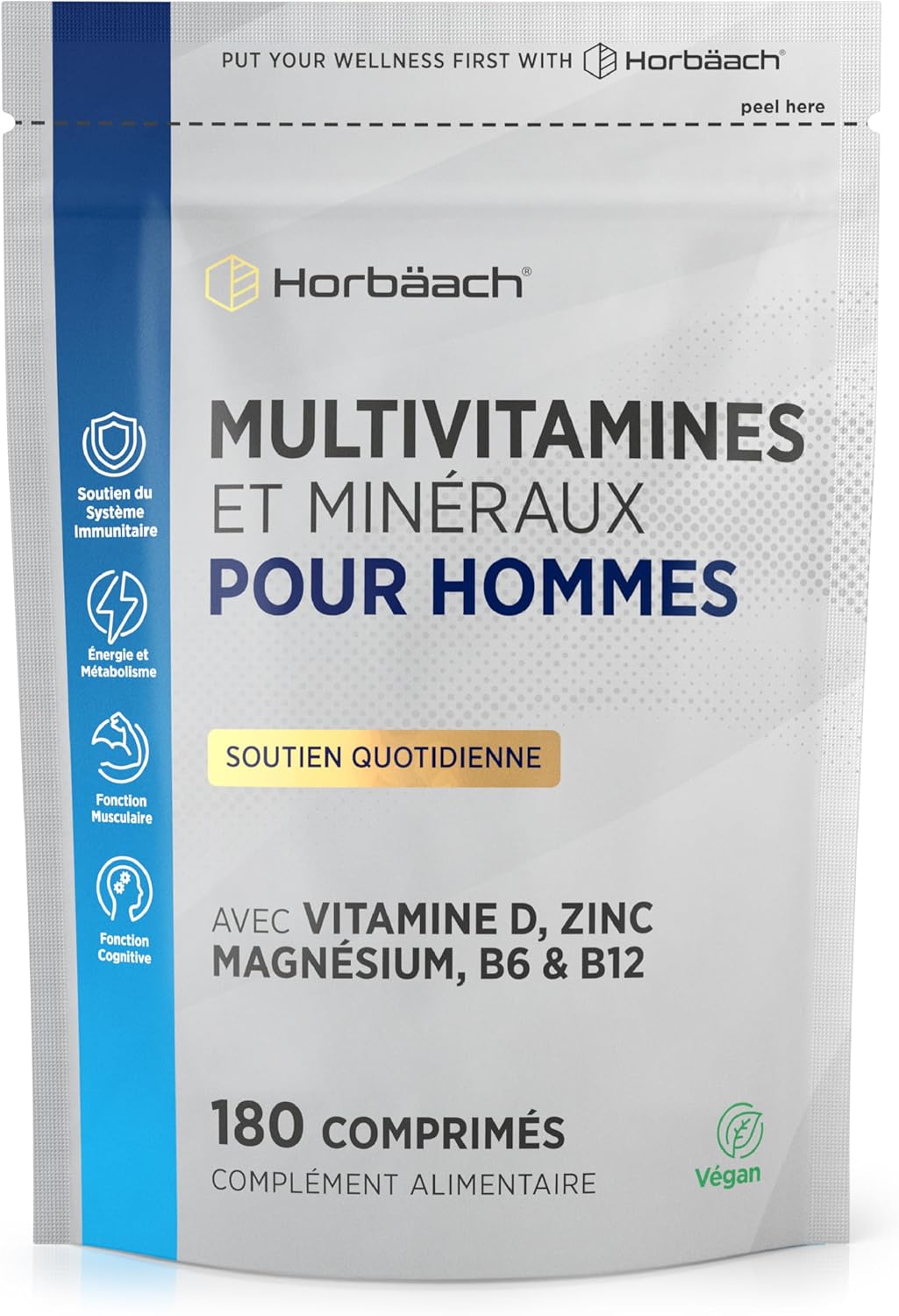 Multivitamines et Minéraux Homme - 180 Comprimés Vegan pour 6 Mois - 28 Vitamines et Minéraux Essentiels Vitamine C, D, B6, Zinc et Magnesium - Multivitamin for Men Supplement - par Horbaach