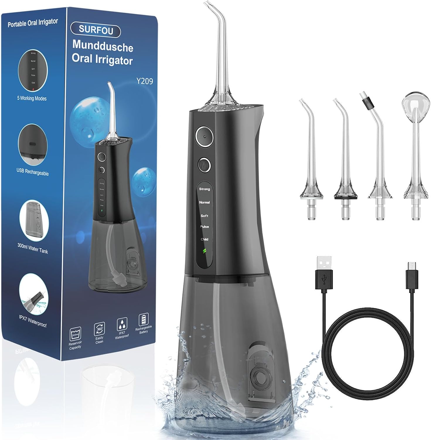 Jet Dentaire Hydropulseur Professionnel Water Flosser for Teeth, Hydropulseurs Et Irrigateurs Nettoyage Dents Jet D'eau, Dent Nettoyeur Pulseur Interdentaire Irrigateur Portable Détartreur Noir et Gris 209A-5 Modes