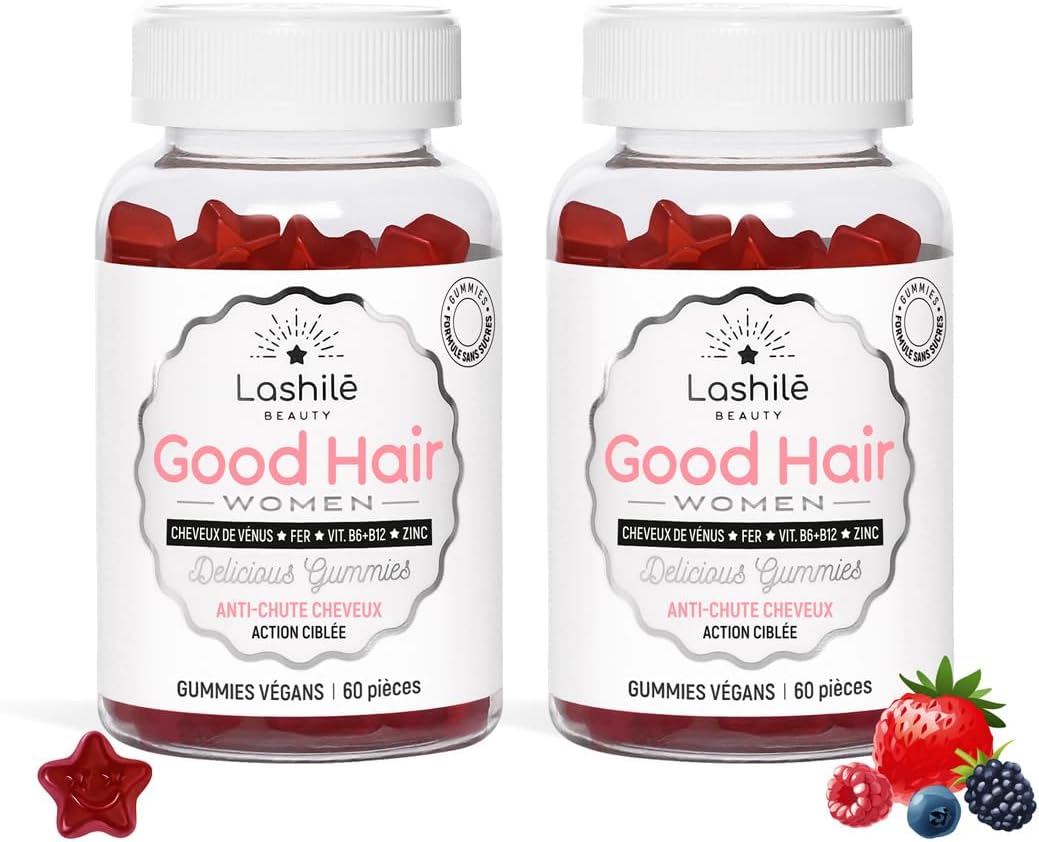 Good Hair Women - Anti-Chute de Cheveux -Compléments Alimentaires - Made in France - Cheveux de Venus, Biotine, Fer, Zinc, MSM, Vitamine B6, B12 - Cure 2 mois - 120 Gummies 2 unité (Lot de 1)