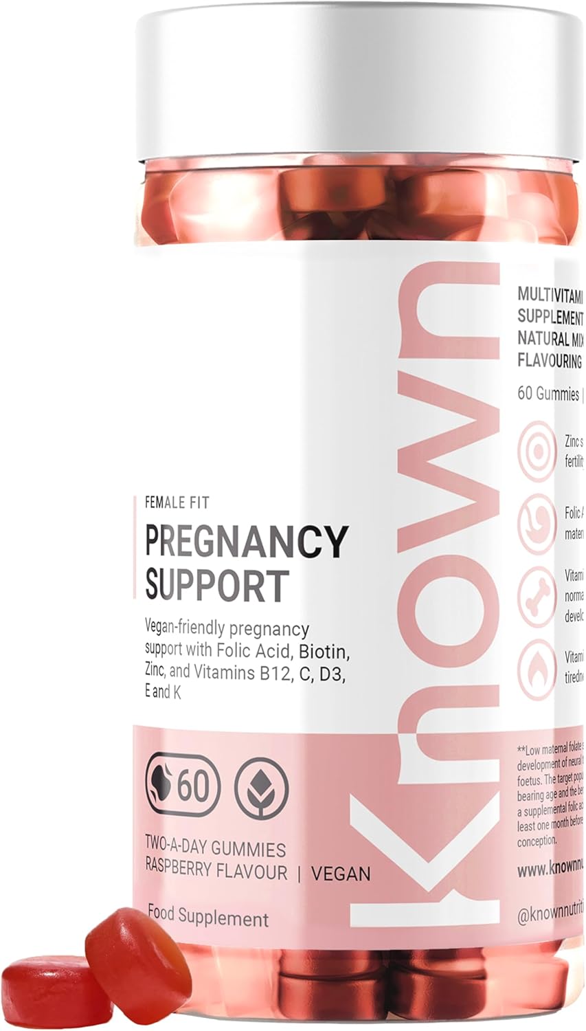 Gummies Known Soutien Grossesse – Multivitamines – 400µg Acide Folique – Pour la Santé Maternelle – Saveur Framboise – 60 Gummies Vegan, 1 Mois
