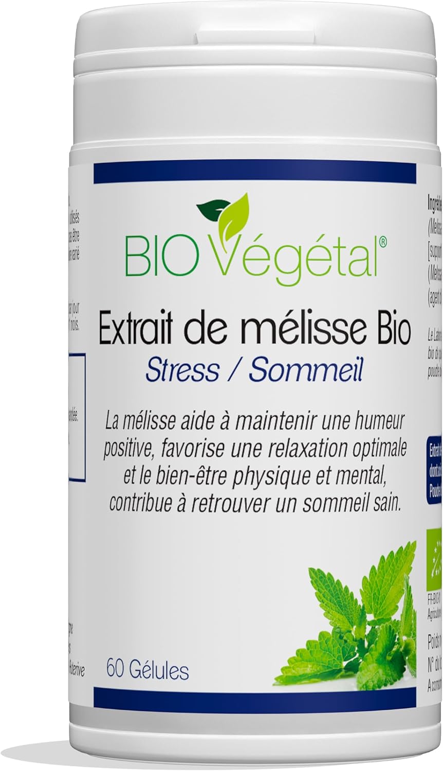Mélisse Bio Extrait pour Calme Bien-Être Relaxation et Sommeil - Complément Alimentaire Naturel et Végétal - Anti Stress - Extraction et Fabrication Française - 60 Gélules de Mélisse Bio