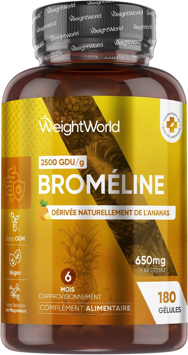 Bromelaine Gélules 650 mg (2500 UDG/g), 6 Mois d'Apport, 180 Gélules avec Enzymes Digestives Dérivée de la Tige d'Ananas, Vegan & sans Magnésium Stéarate, Source de Manganèse, Cuivre, Vitamine C