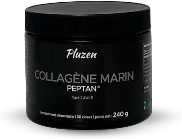 Collagène Marin poudre types 1,2 et 3 Collagène marin Peptan® F, acide hyaluronique, vitamines (C, B3, A, B7) et sélénium - Hydratation de la peau - Protège Os et Articulations - Pluzen- 240 g