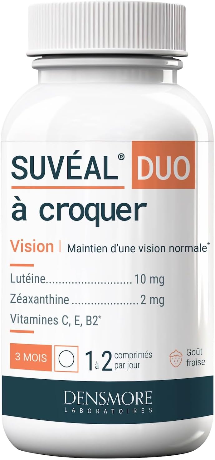 SUVEAL Duo à Croquer - Complément Alimentaire Ophtalmologique à base de Lutéine, Zéaxanthine, Vitamines - Sans Omega 3 - 90 Comprimés - Cure de 1 à 3 mois - Fabriqué en France