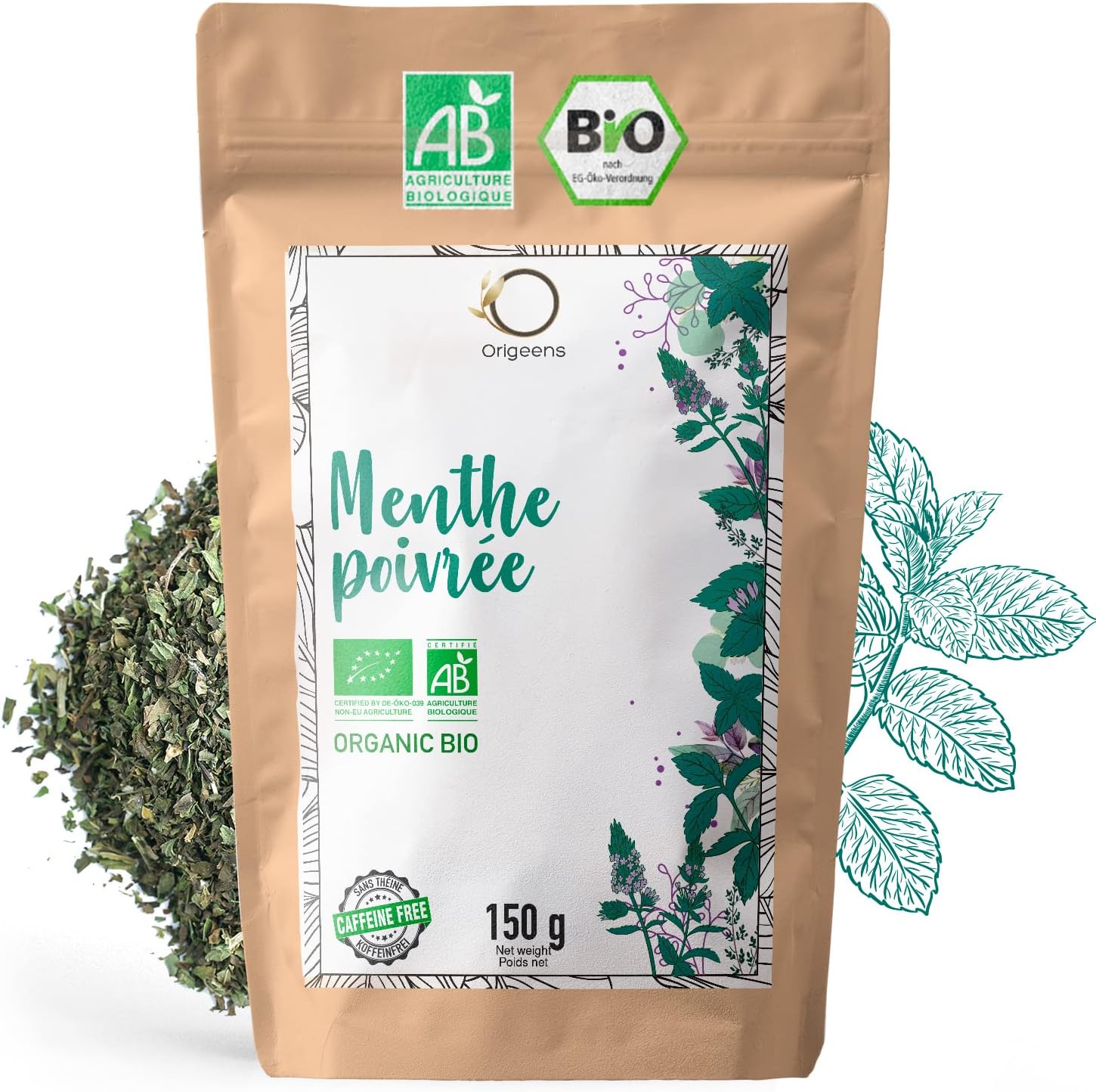 FEUILLES DE MENTHE POIVREE BIO 150g - Menthe séchée pour thé glacé et la Cuisine - Infusion en vrac Menthe poivrée