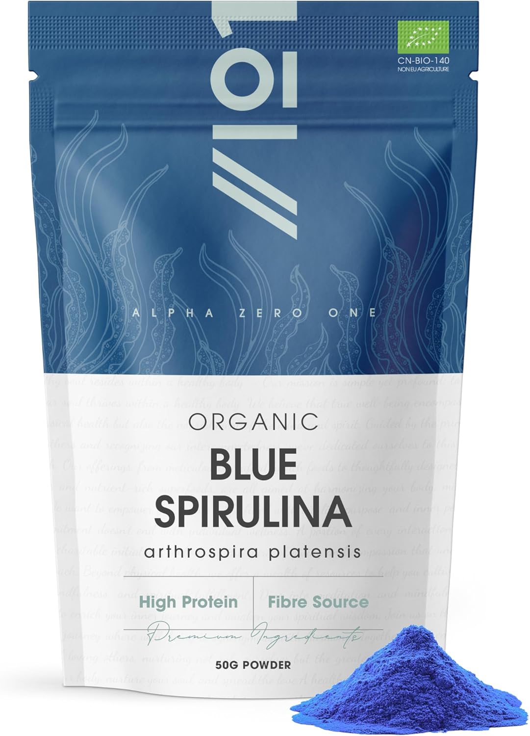 Spiruline bleue bio en poudre 50g - Phycocyanine 100% pure - Végétalien - Sans gluten - Sans sucre ajouté - Sachet refermable et recyclable - par Alpha01