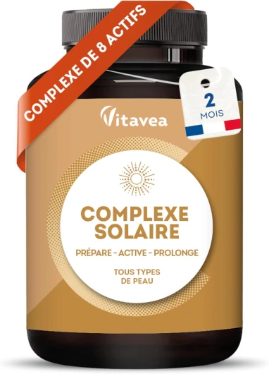 Préparateur Solaire & Accélérateur de Bronzage - Hâle Naturel & Uniforme - Avec Bêta-Carotène, Lycopène, Cuivre & Huile de Bourrache - Tous Types de Peau - 60 gélules - Fabriqué en France - Vitavea