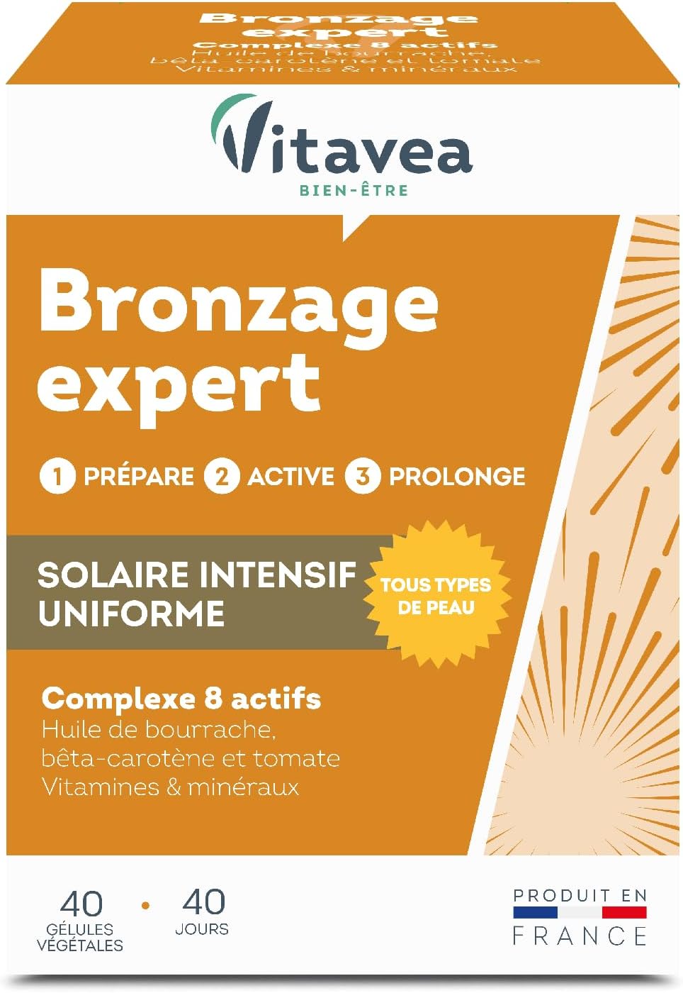 Vitavea - Bronzage Expert - Prépare, Active et Prolonge le Bronzage - Peau Sublimée - Complément Alimentaire avec Huile de Bourrache, Bêta-Carotène, Zinc, Vitamine B5, Cuivre - 40 Gélules - 40 Jours Bronzage Expert - 40 jours