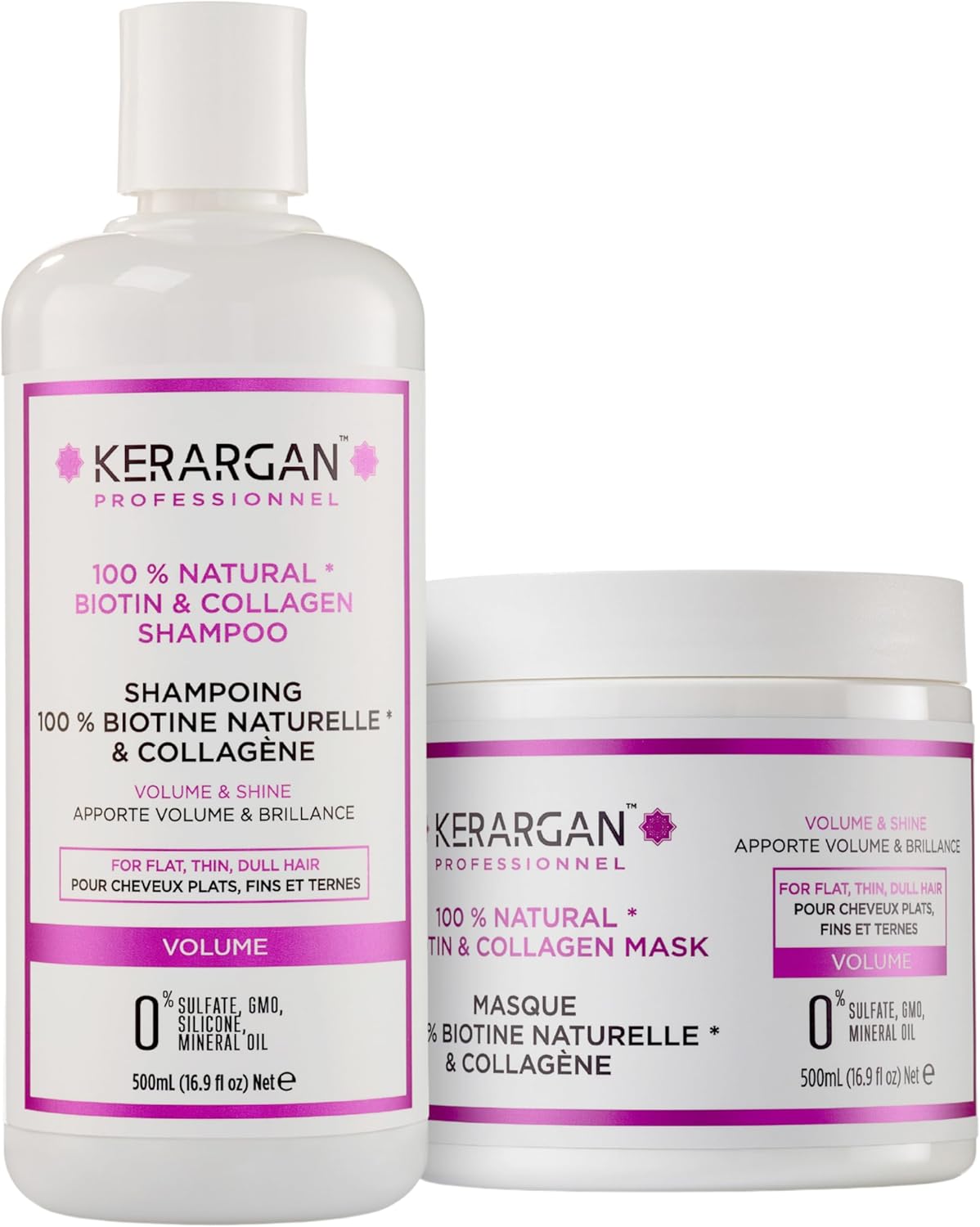 Duo Volumisant Shampoing & Masque Capillaire à la Biotine & Collagène pour Cheveux Plats, Fins et Ternes - Booste Éclat & Densité - Sans Sulfate, OGM, Silicone, Huile Minérale - 2x500ml Biotine & Collagène 500 ml (Lot de 2)