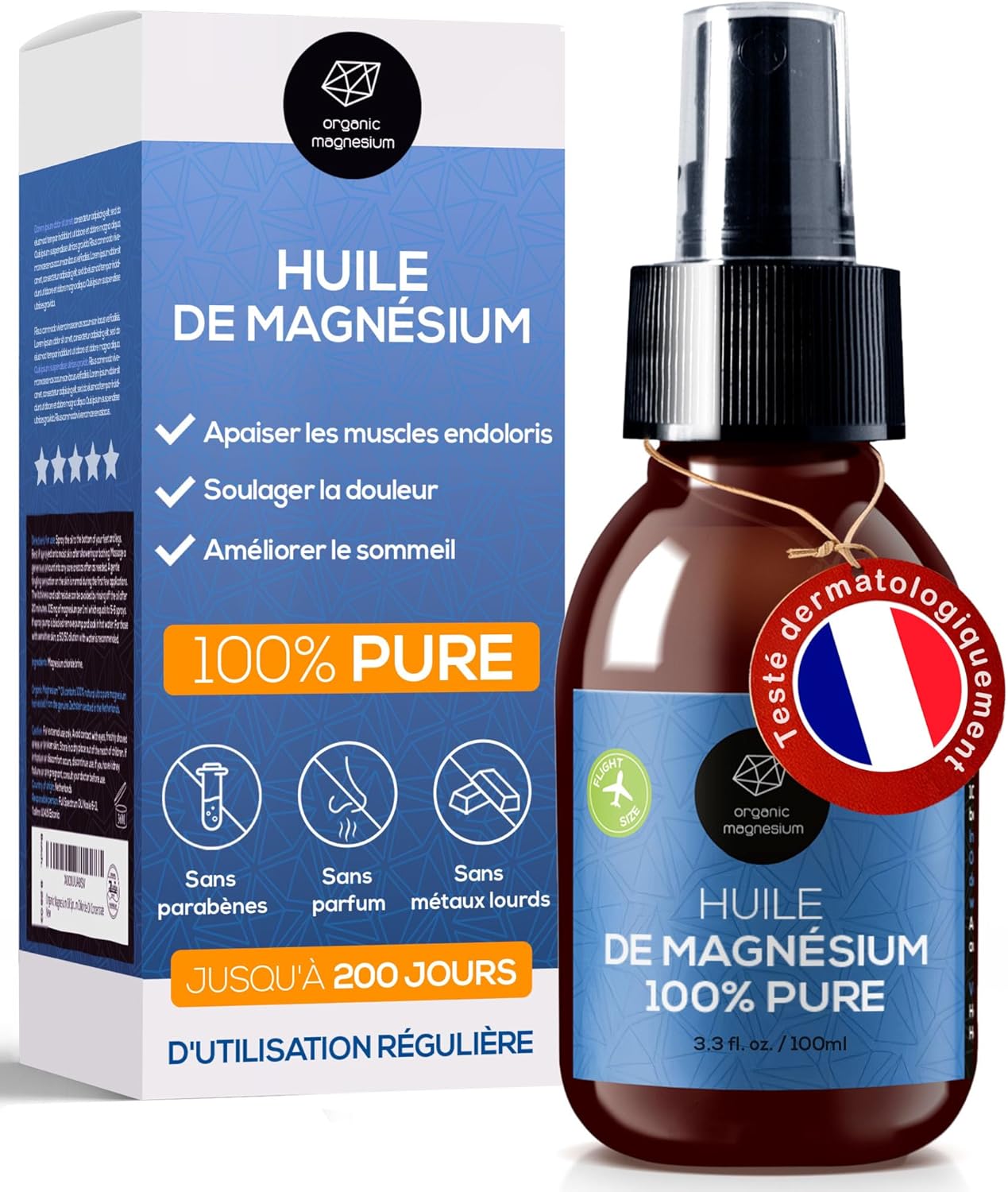 Huile de magnésium ultra pure en spray 100 ml – Huile de Zechstein pure 100% naturelle de Organic Magnesium - Parfait pour le sport et la relaxation musculaire - Concentré d'huile de chlorure de 100 ml (Lot de 1) Régulier