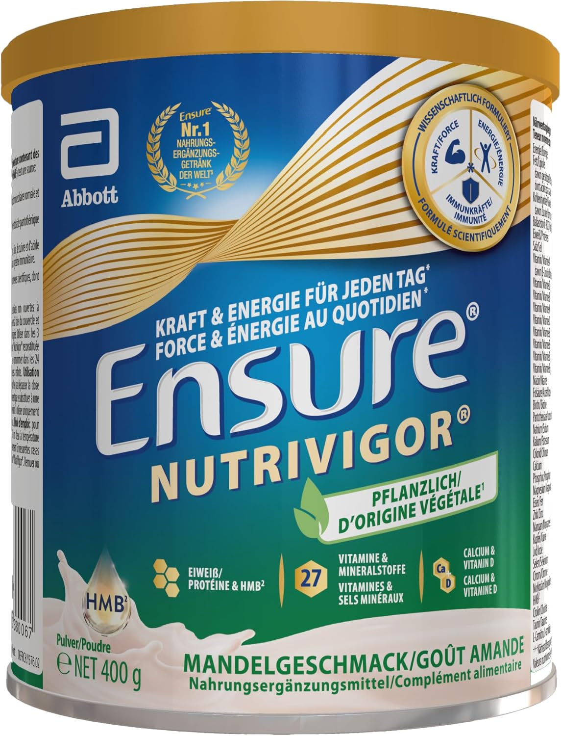 NutriVigor d'origine végétale - Complément alimentaire avec protéine, HMB et 27 vitamines et minéraux, y compris la vitamine C, le magnésium et le zinc - Saveur amande - 1 x 400g amande 400 g (Lot de 1)