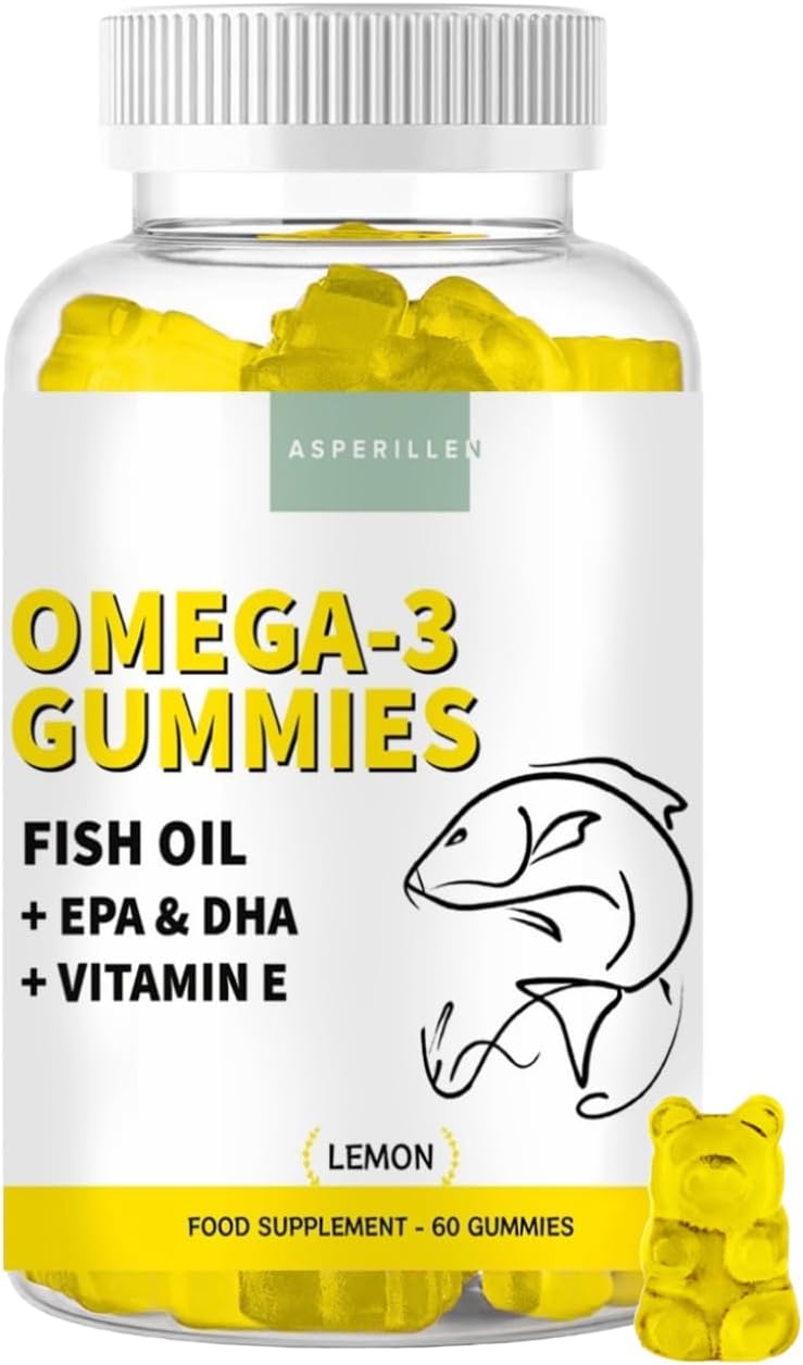 Gommes au Omega 3 avec Vitamine E Goût de Citron - Huile de Poisson Sauvage à Haute Concentration en Acides Gras Omega 3, EPA, DHA - 400mg EPA + 200mg DHA - Omega 3 Gummies - 60 Unités