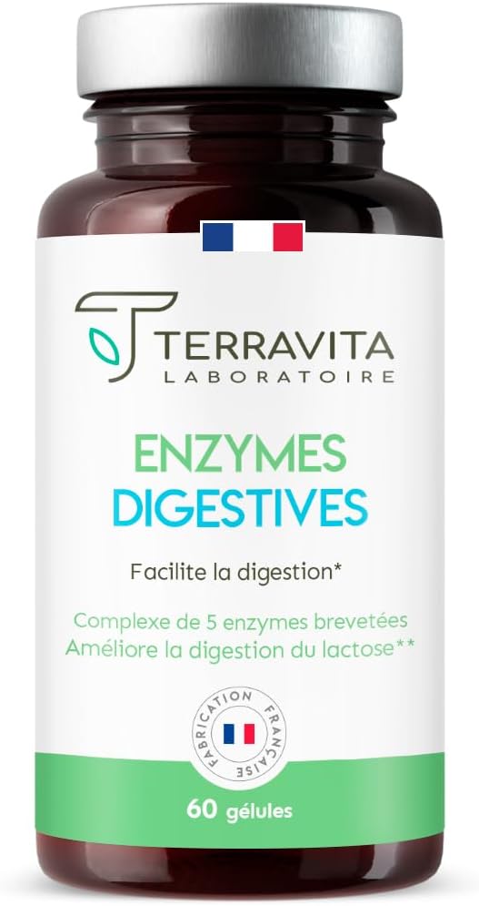 ENZYMES Digestives - Lactase + Complexe Digezyme® Breveté + Curcuma - Intolérance au Lactose, Digestion Difficile et Ballonnements - Mix Basifiant - 60 Gélules Vegan - Made in France - Terravita