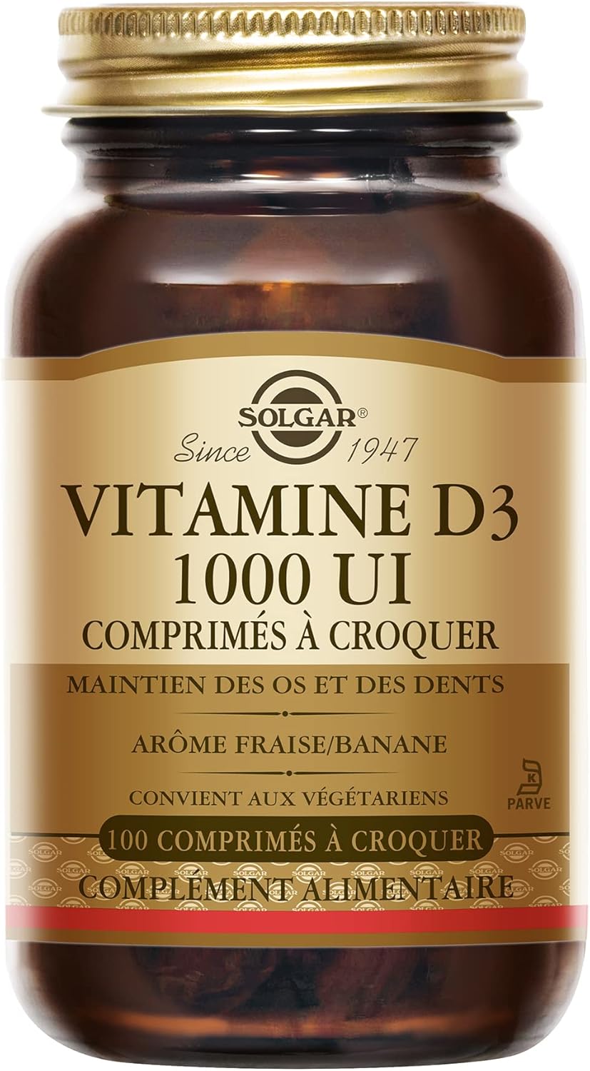 Vitamine D3 1000 UI à croquer - Défenses naturelles - Immunité - Santé des os - Goût fraise/banane - Complément Alimentaire - Flacon de 100 comprimés à croquer