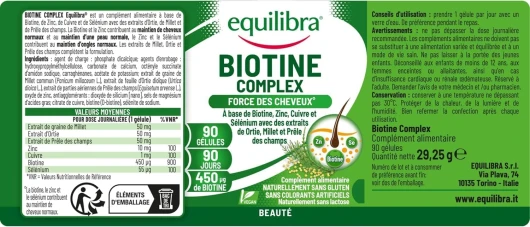 Equilibra, Biotin Complex, Santé des Cheveux et des Ongles, Biotine Hautement Dosée, Zinc, Cuivre, Sélénium, Extraits d'Ortie, de Millet, de Prêle des champs, 90 Capsules 90 unité (Lot de 1)