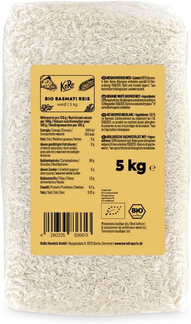 Riz basmati blanc biologique 5 kg - riz biologique, sans additifs, en provenance d'Inde, aromatique et facile à cuisiner, pour les plats principaux, les accompagnements et les desserts.