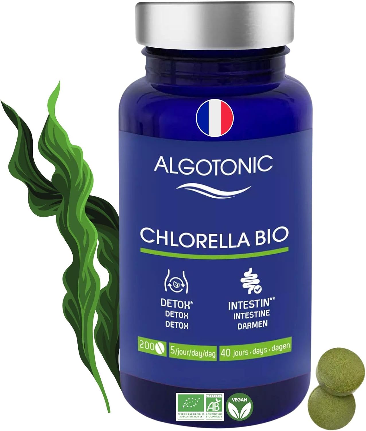 Chlorella Bio - 2500 mg par jour - 200 comprimés - Cure de 40 jours - Poudre de Chlorella vulgaris 100% PURE - Maintien d’une bonne santé intestinale - Detox - Intestin