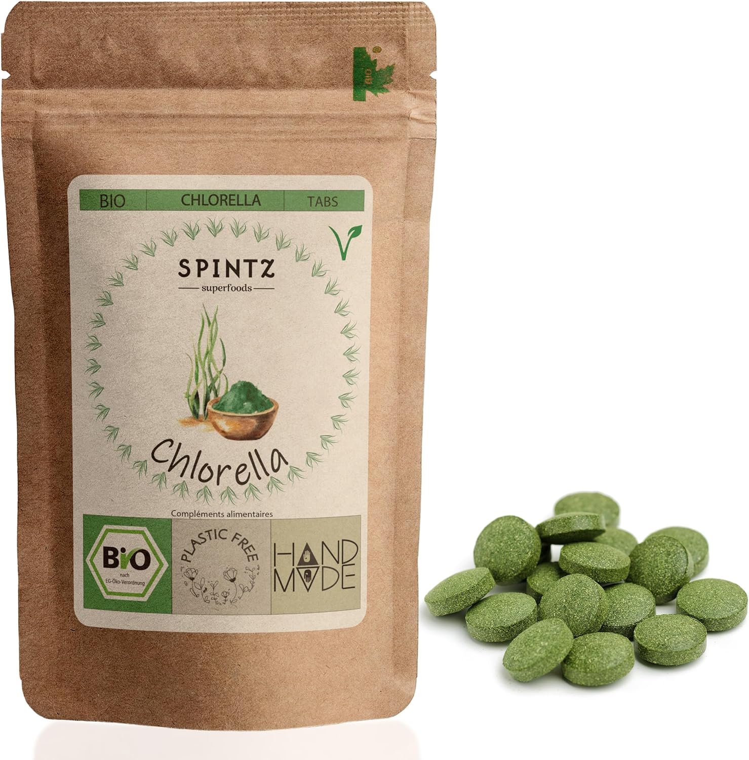 SPINTZ® 200 pcs - Chlorella bio 100% culture contrôlée - Sans plastique & durable - 500mg comprimés végétaux (100g) 200 unité (Lot de 1)