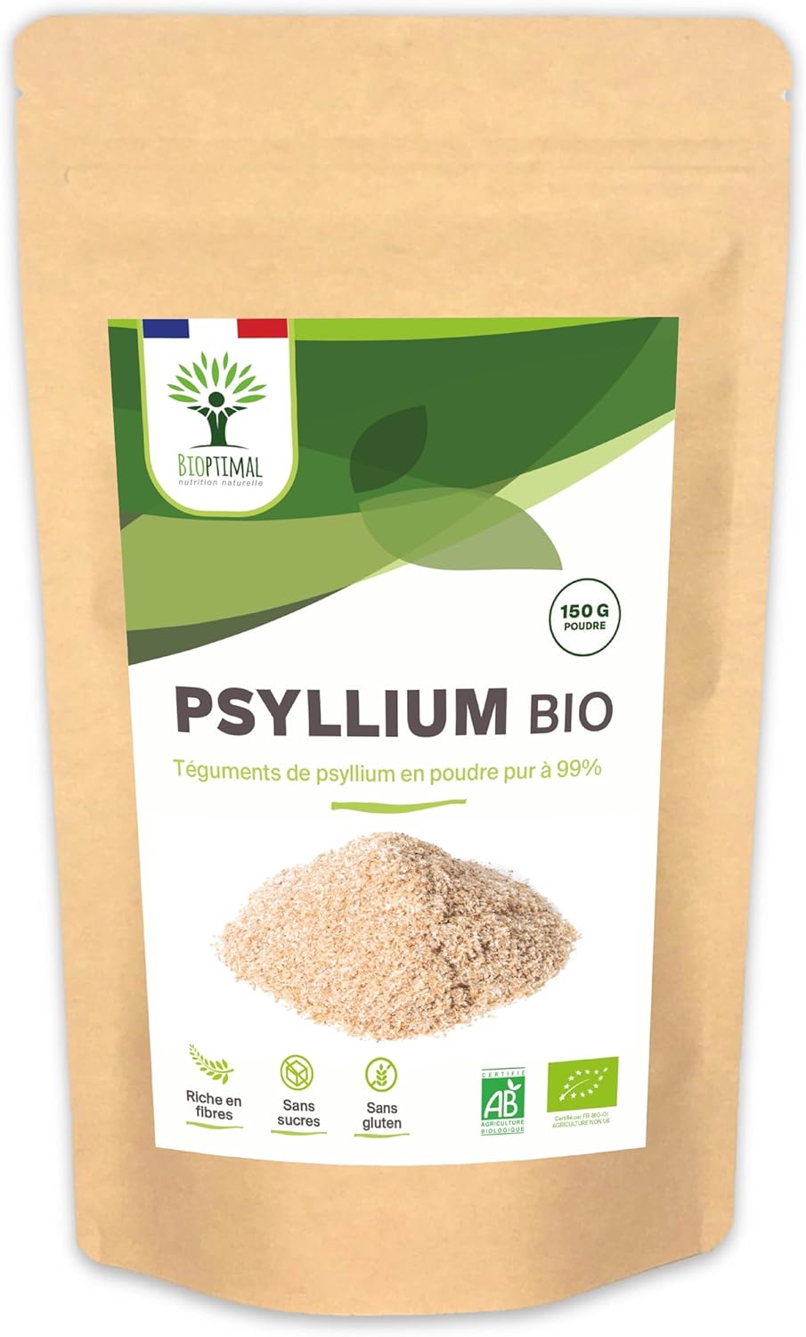 Psyllium Blond Bio - Bioptimal - Teguments de Psyllium en Poudre Fine - Husk Powder - Farine - Digestion Transit Coupe Faim - Origine Inde - Conditionné en France - Certifié Ecocert - 150g 150 g (Lot de 1)