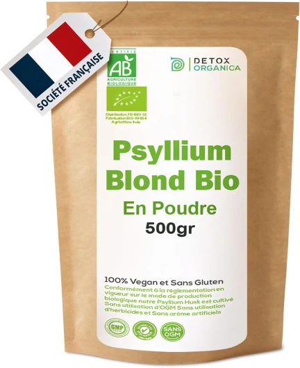 Psyllium Blond Bio Poudre 500g-Tégument de psyllium Organic-Pur 99%-Riche en Fibres 100% Naturel et Vegan