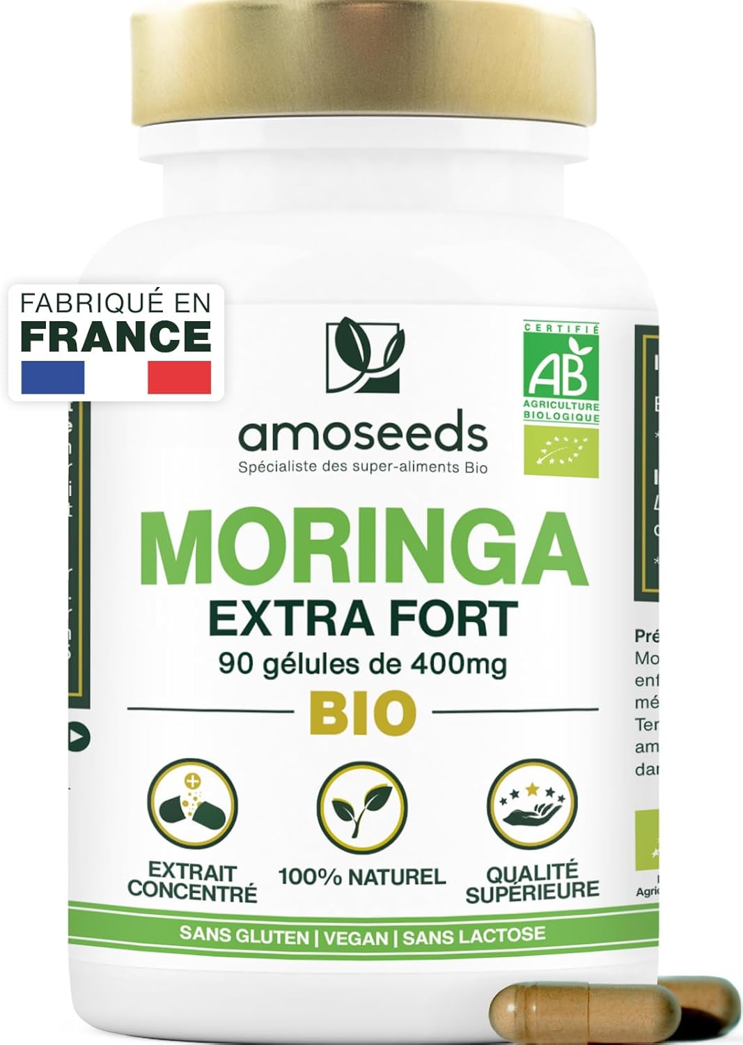 Moringa Oleifera BIO - Extra Fort, 10 000mg par jour - 100% Naturel et Pur - 90 Gélules vegan de 400mg - Qualité Supérieure