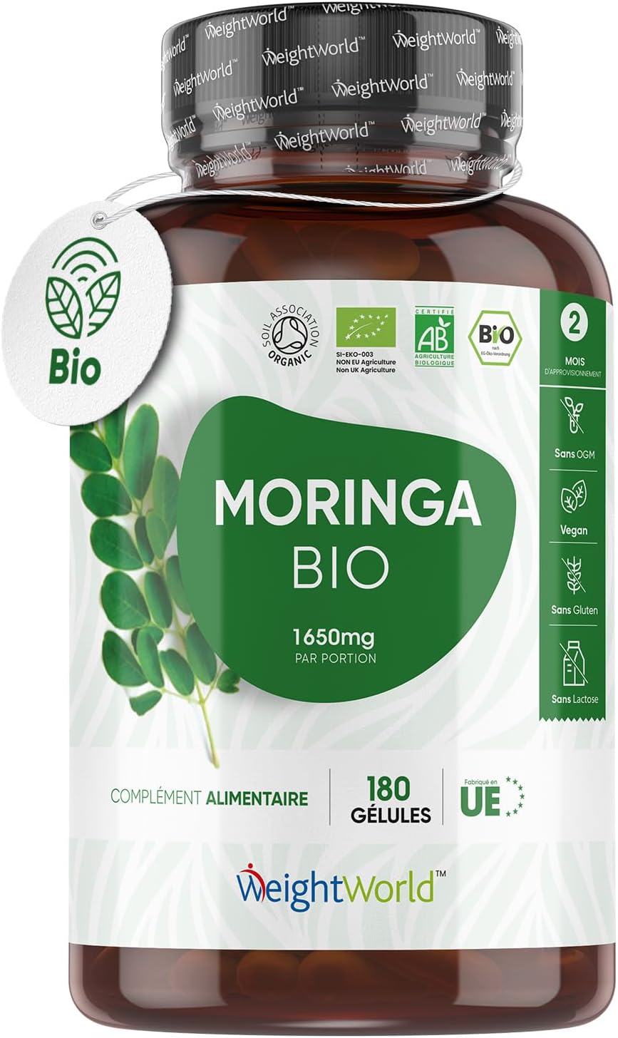 Moringa Bio Gélules 1650mg - 180 Gélules Vegan - Moringa Poudre Bio Certifié AB, Source de Protéines, Acides Aminés, Multivitamines et Minéraux, Pur & Fort - Moringa Oleifera Superfood