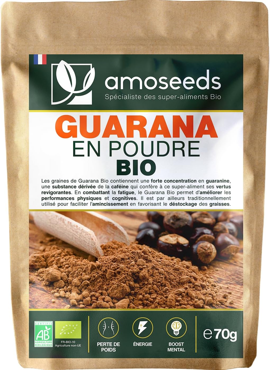 Guarana en Poudre Bio 70G - Contrôle du Poids, Énergie, Boost Mental - Qualité Supérieure 70 g (Lot de 1)
