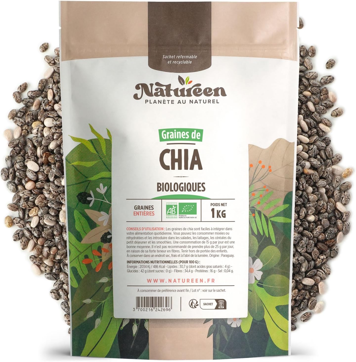 Graines de Chia Bio 1 Kg - Source de protéines - fibres - OMEGA 3 1 kg (Lot de 1)