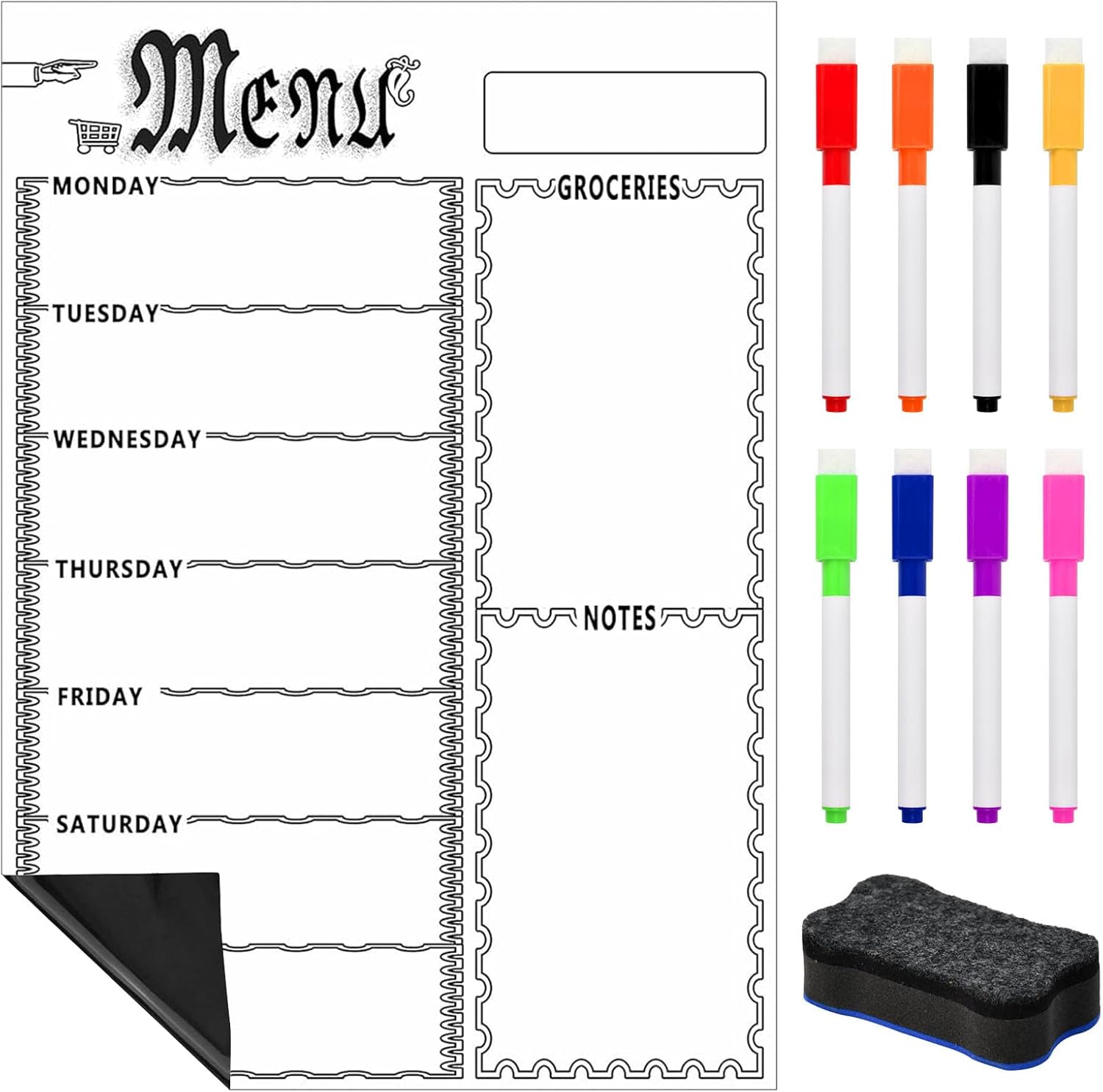 VGECEE Calendrier Magnétique Frigo, Planificateur Hebdomadaire de Repas 42 * 30cm Planning Frigo Magnétique avec 8 Marqueurs et 1 Gomme Tableau Magnetique Frigo Planning Semaine pour Maison Bureau