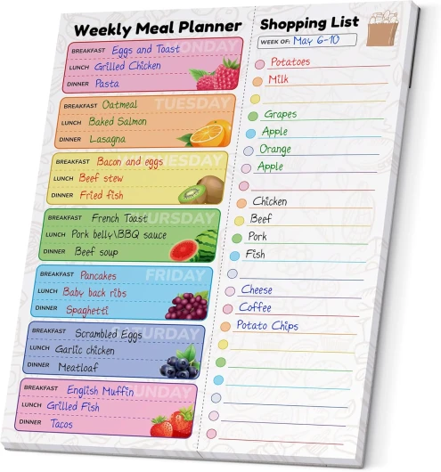 Zoe Deco Planificateur de repas hebdomadaire (Fruits, 22 x 28 cm), bloc-notes magnétique pour réfrigérateur, 52 feuilles faciles à détacher pour listes d'épicerie 8.5x11"