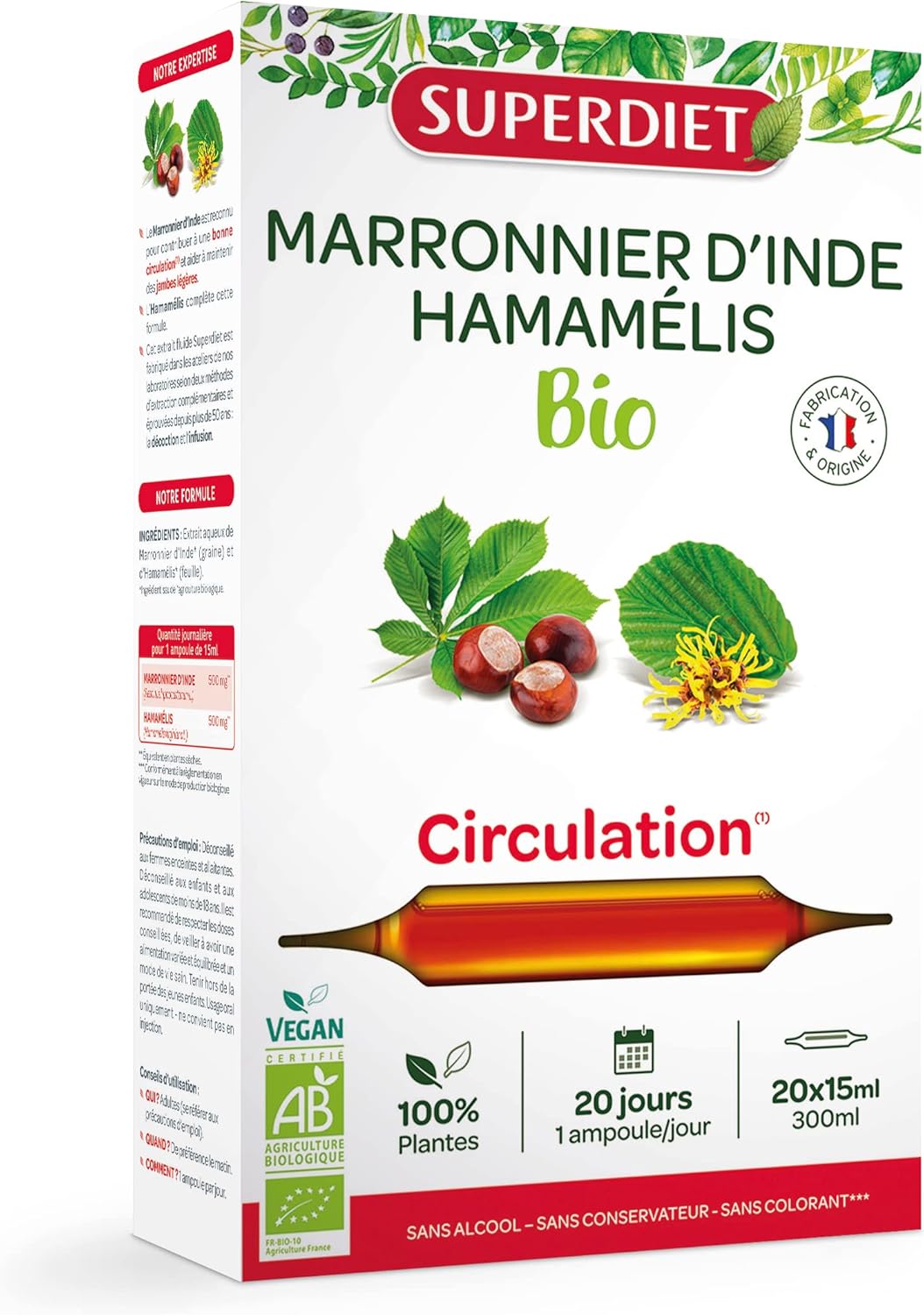 MARRONNIER D’INDE & HAMÉLIS BIO – Circulation – Phytothérapie – Fabrication Française – 20 ampoules de 15 ml