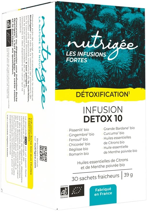 Infusion Détox Bio Foie & Intestin NUTRIGÉE - 10 Plantes Dépuratives et Digestives - Fenouil, Chicorée, Pissenlit, Curcuma, Réglisse, Gingembre, Romarin - 30 Sachets - Transit & Drainage