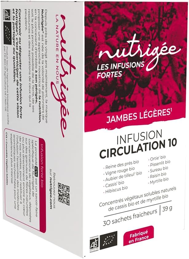 Infusion Circulation 10 Bio - Jambes Légères, Tonus Veineux, Drainage & Détox Naturelle - Vigne Rouge, Cassis, Hibiscus, Ortie, Sureau bio, Raisin, Myrtille, Reine des Prés Bio - 30 Sachets