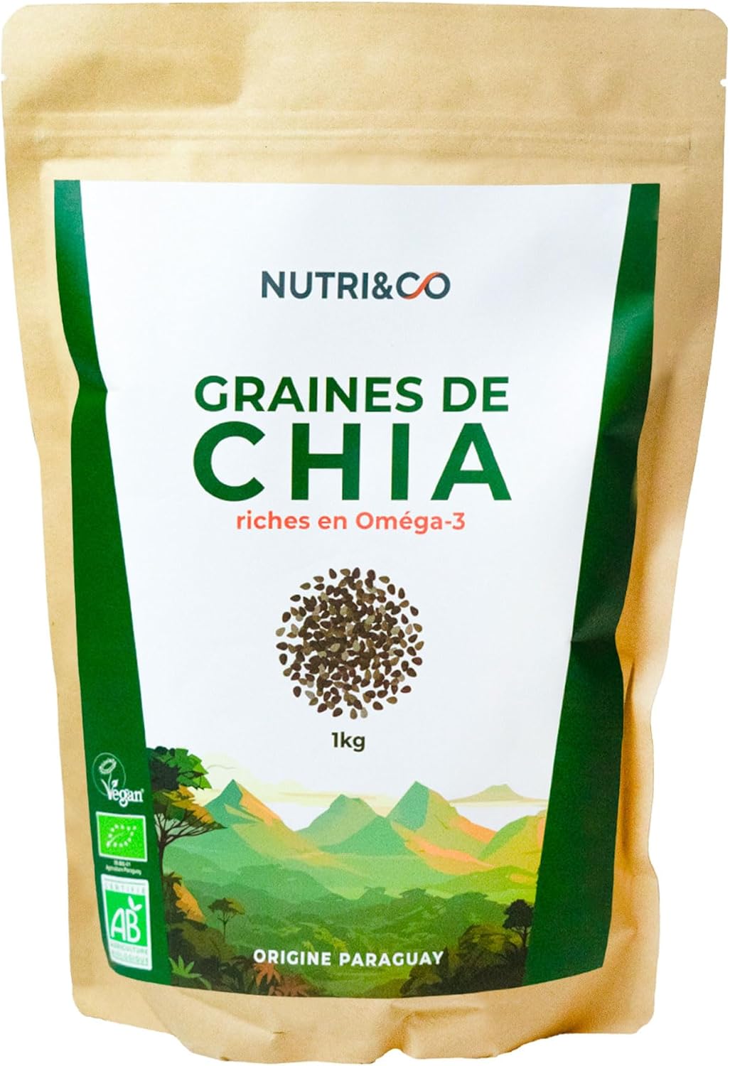 NUTRI & CO Graines de Chia BIO 1kg - Riche en Oméga 3, Source de Fibres et Protéines Végétales - Salvia Hispanica issue de l’Agriculture Durable et Équitable - Super Aliment Bio et Vegan