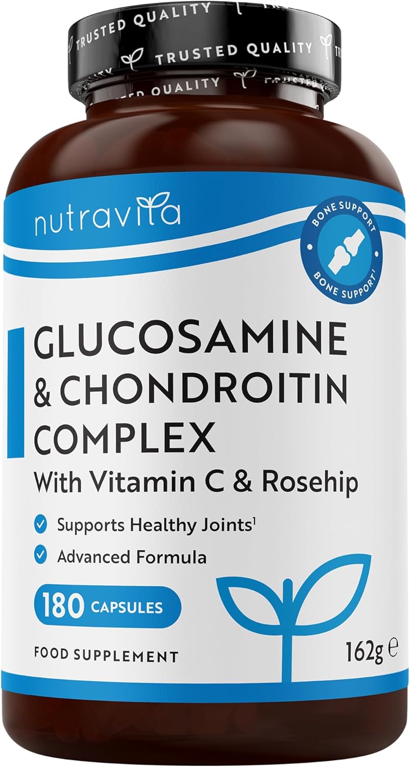 Glucosamine Chondroïtine Complex avec Vitamine C Curcuma Gingembre et Extrait de Rose Musquée, 180 Gélules Complement Alimentaire de Nutravita