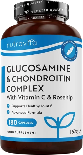 Glucosamine Chondroïtine Complex avec Vitamine C Curcuma Gingembre et Extrait de Rose Musquée, 180 Gélules Complement Alimentaire de Nutravita
